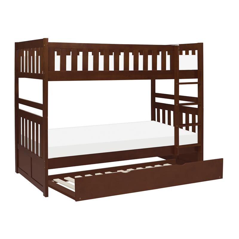 Pemberly Row Wood Twin over Twin Bunk Bed with Trundle Bed in Dark Cherry