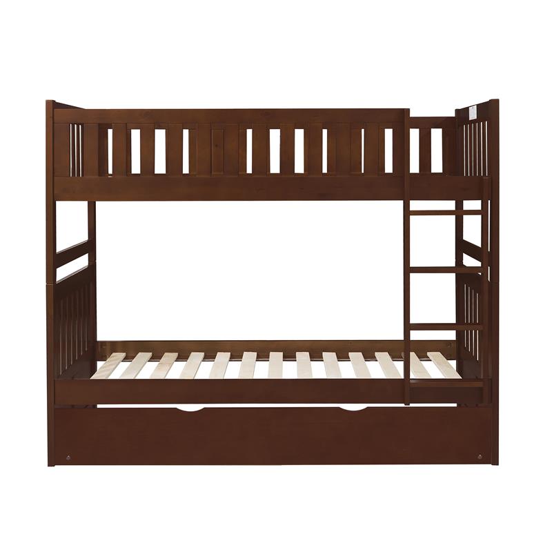 Pemberly Row Wood Twin over Twin Bunk Bed with Trundle Bed in Dark Cherry