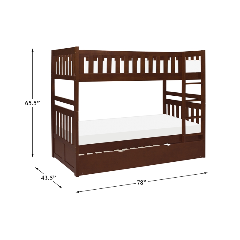 Pemberly Row Wood Twin over Twin Bunk Bed with Trundle Bed in Dark Cherry