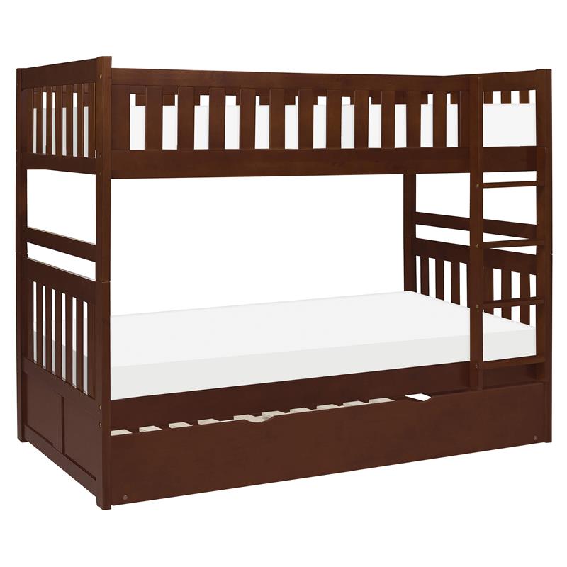 Pemberly Row Wood Twin over Twin Bunk Bed with Trundle Bed in Dark Cherry