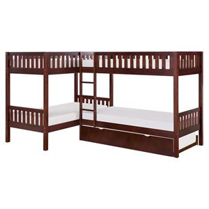 Pemberly Row Transitional Wood Corner Bunk Bed with Twin Trundle in Dark Cherry