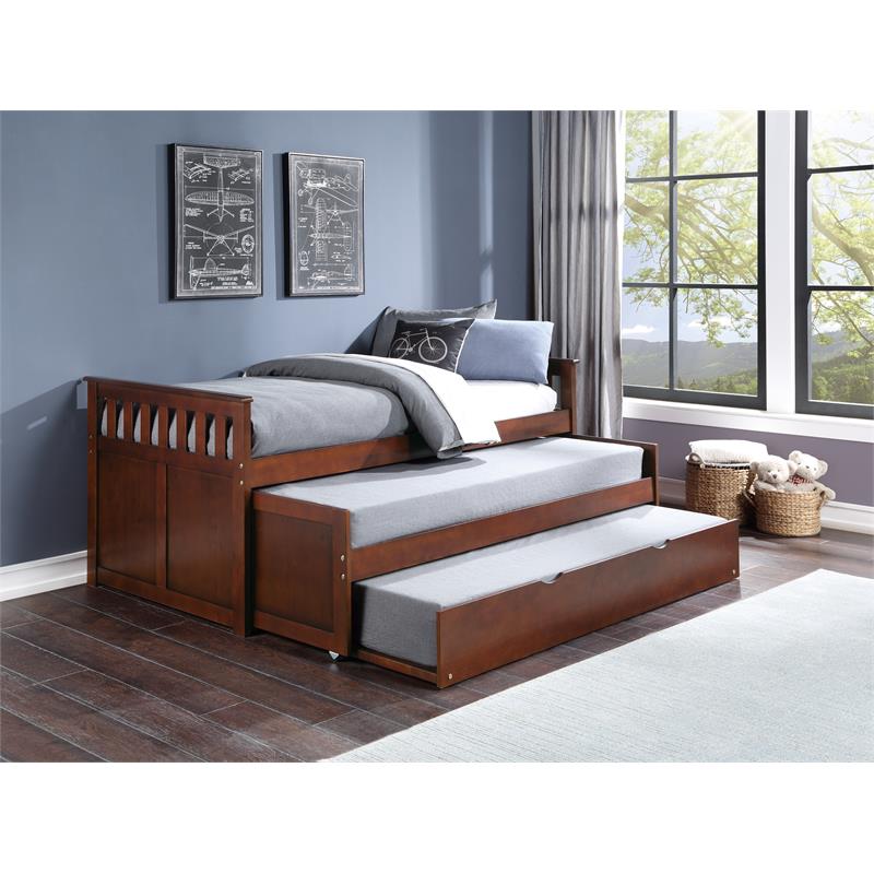 Pemberly Row Transitional Wood Twin/ Twin Bed with Twin Trundle in Dark Cherry