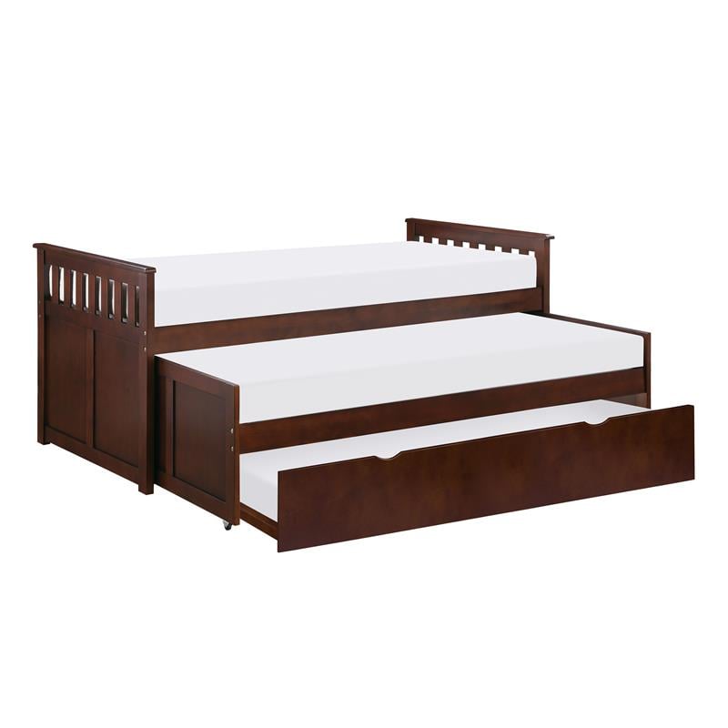 Pemberly Row Transitional Wood Twin/ Twin Bed with Twin Trundle in Dark Cherry