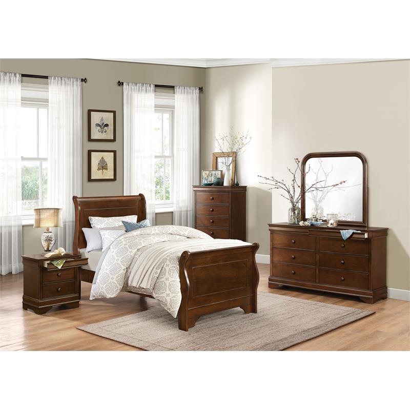 Pemberly Row Traditional Wood Twin Sleigh Bed in Brown Cherry