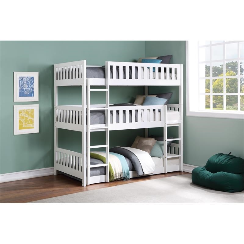 Pemberly Row Transitional Wood Triple Twin Bunk Bed in White