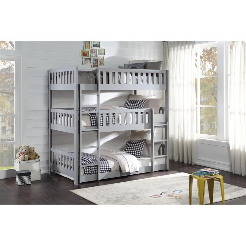 Pemberly Row Transitional Wood Triple Twin Bunk Bed in Gray