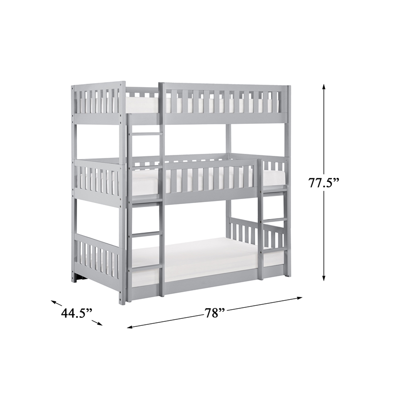 Pemberly Row Transitional Wood Triple Twin Bunk Bed in Gray