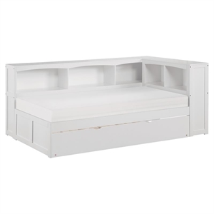 Pemberly Row 5-Shelf Wood Twin Bookcase Corner Bed with Twin Trundle in White