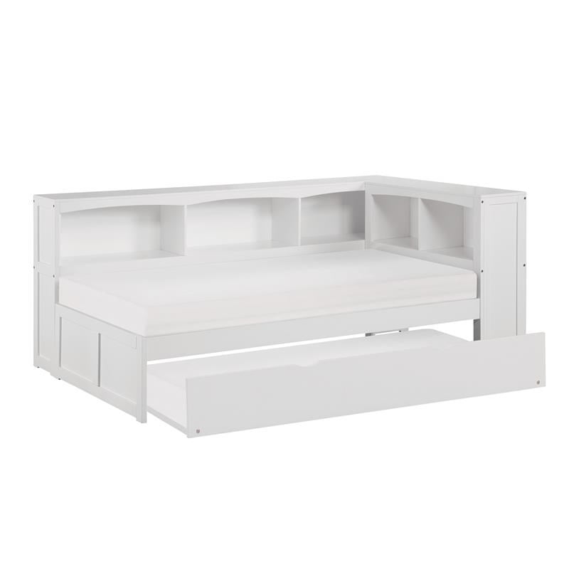Pemberly Row 5-Shelf Wood Twin Bookcase Corner Bed with Twin Trundle in White