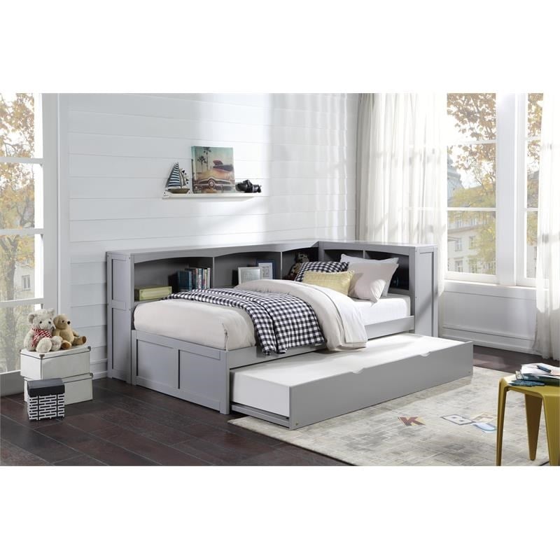 Pemberly Row 5-Shelf Wood Twin Bookcase Corner Bed with Twin Trundle in Gray
