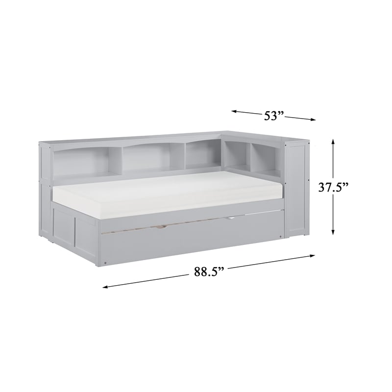Pemberly Row 5-Shelf Wood Twin Bookcase Corner Bed with Twin Trundle in Gray