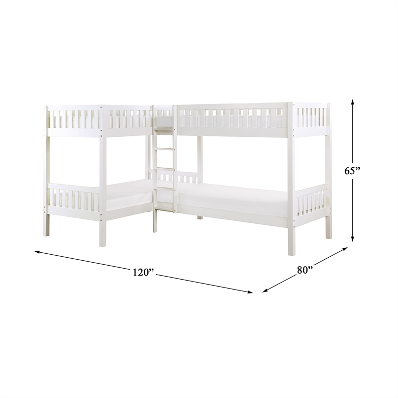 Pemberly Row Transitional Wood Corner Twin Bunk Bed in White