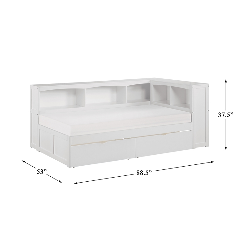 Pemberly Row Transitional 5-Shelf Wood Twin Bookcase Corner Bed in White