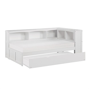 pemberly row 5-shelf transitional wood twin bookcase corner bed in white