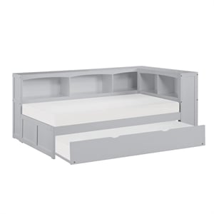 Pemberly Row 5-Shelf Wood Twin Bookcase Corner Bed with Storage Boxes in Gray