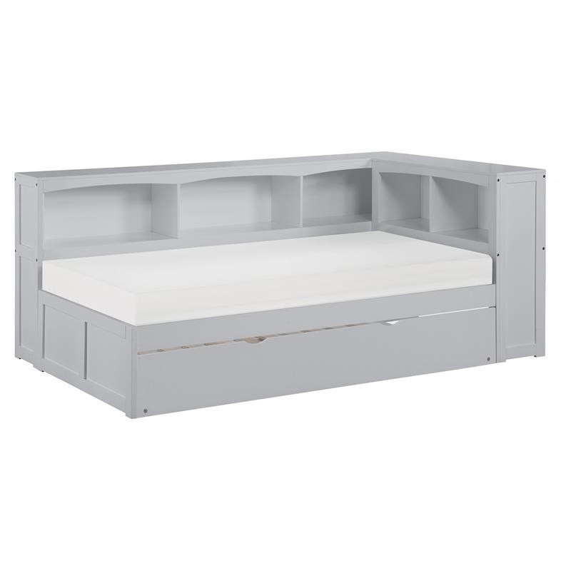 Pemberly Row 5-Shelf Wood Twin Bookcase Corner Bed with Storage Boxes in Gray