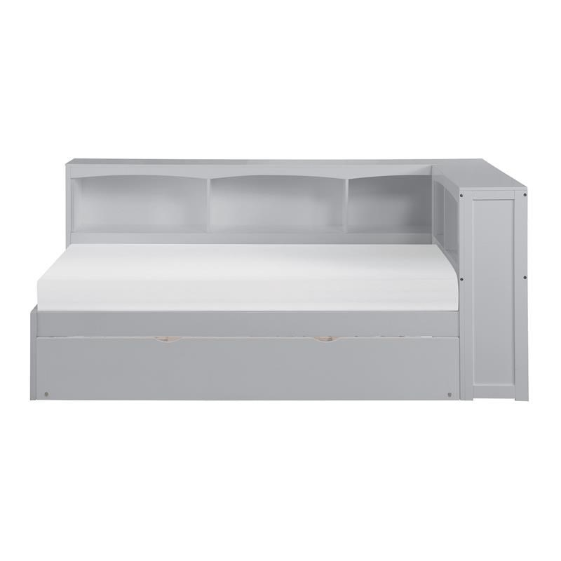 Pemberly Row 5-Shelf Wood Twin Bookcase Corner Bed with Storage Boxes in Gray