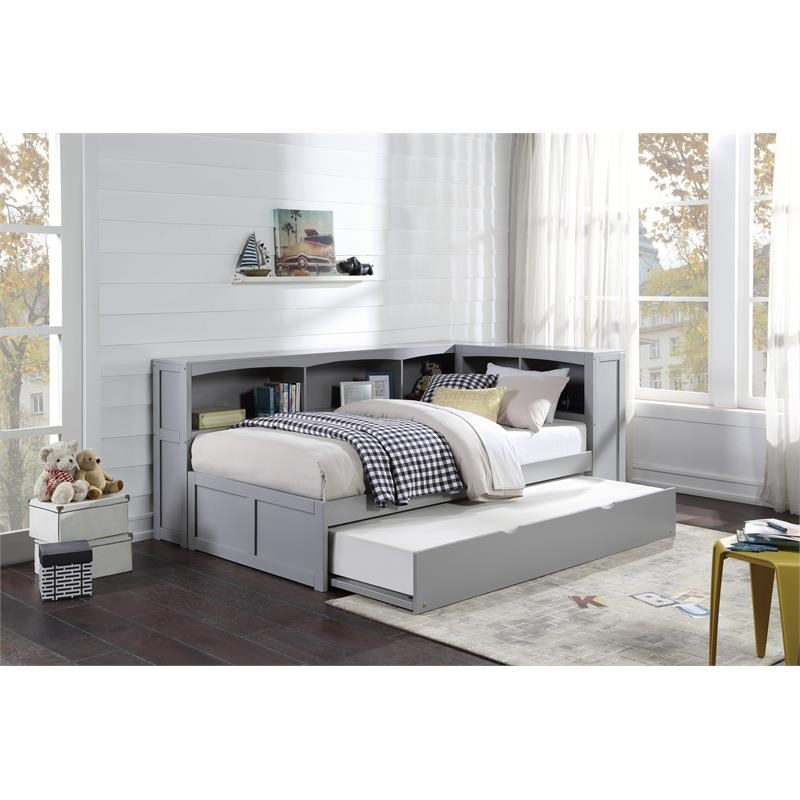 Pemberly Row 5-Shelf Wood Twin Bookcase Corner Bed with Storage Boxes in Gray