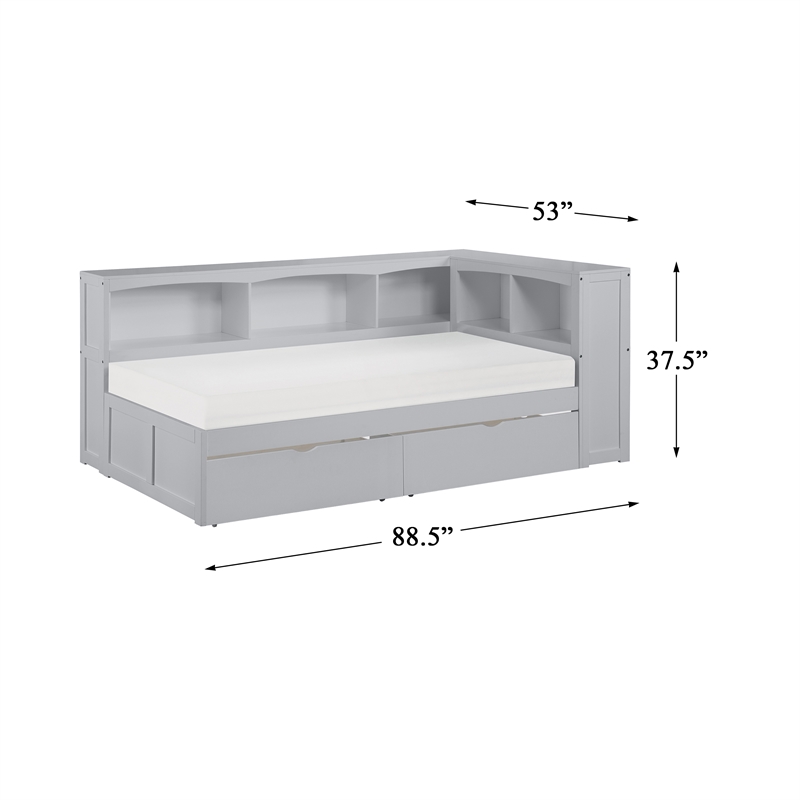 Pemberly Row 5-Shelf Wood Twin Bookcase Corner Bed with Storage Boxes in Gray
