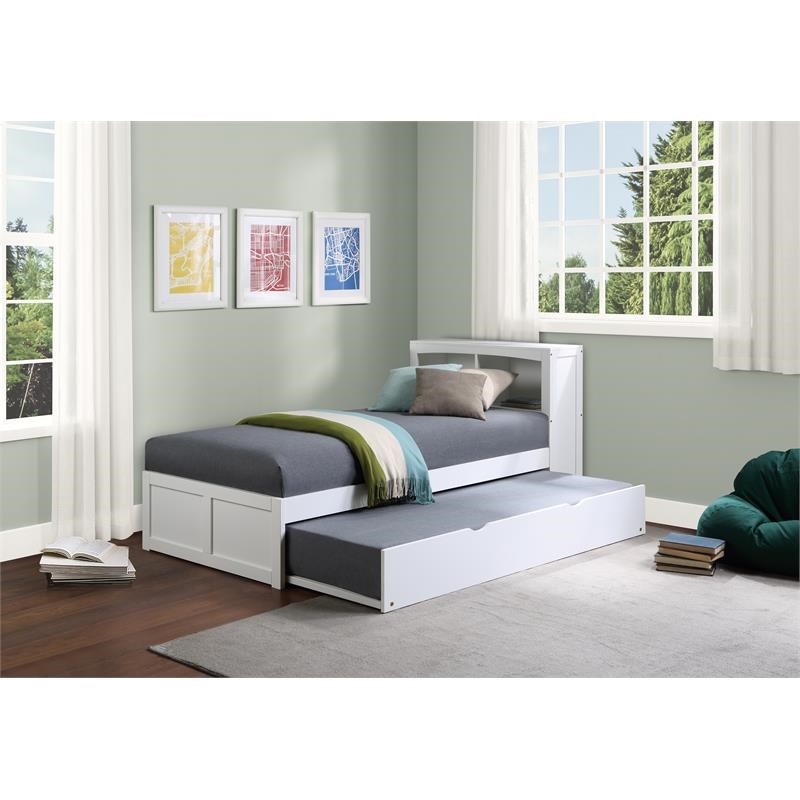 Pemberly Row Transitional Wood Twin Bookcase Bed with Storage Boxes in White