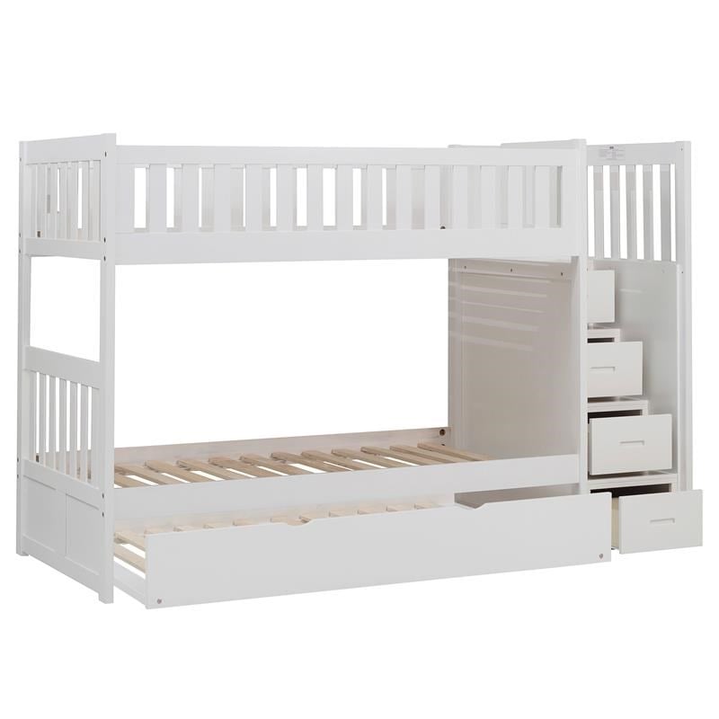 Pemberly Row Reversible Step Storage Wood Bunk Bed with Trundle Bed in White