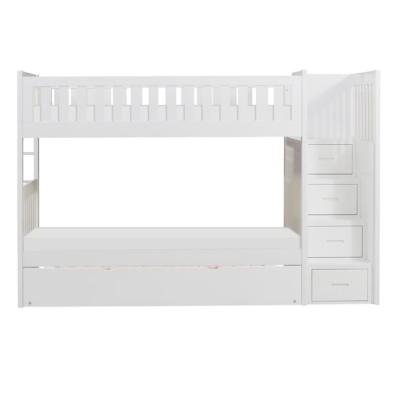 Pemberly Row Reversible Step Storage Wood Bunk Bed with Trundle Bed in White
