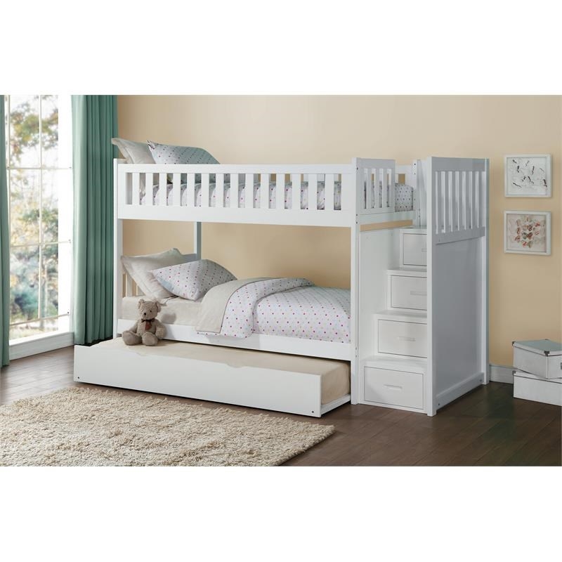 Pemberly Row Reversible Step Storage Wood Bunk Bed with Trundle Bed in White