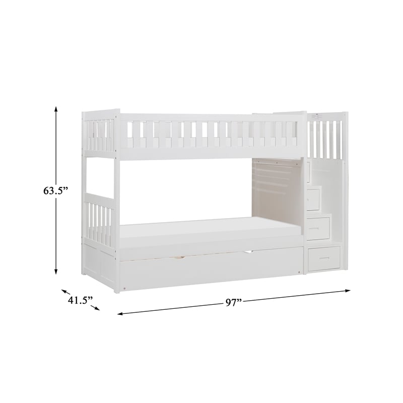 Pemberly Row Reversible Step Storage Wood Bunk Bed with Trundle Bed in White