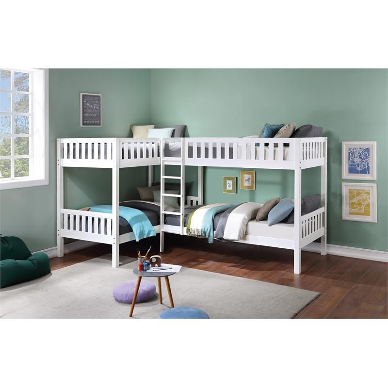 Pemberly Row Transitional Wood Corner Bunk Bed with Twin Trundle in White