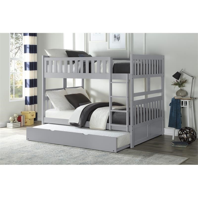 Pemberly Row Transitional Wood Full over Full Bunk Bed with Trundle Bed in Gray