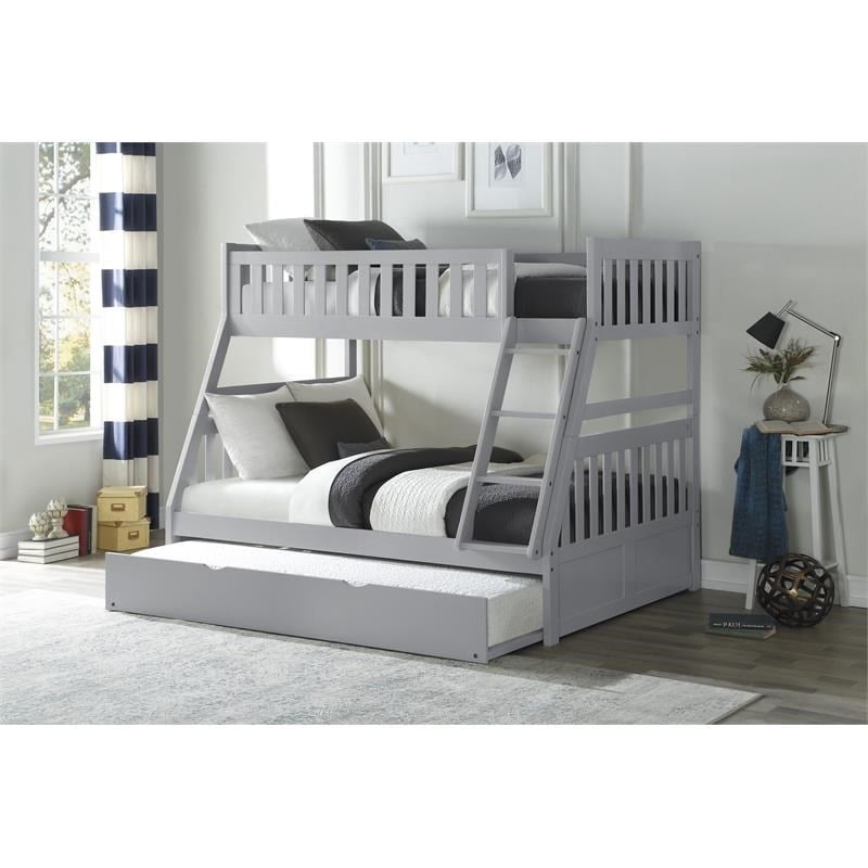Pemberly Row Transitional Wood Twin over Full Bunk Bed with Trundle Bed in Gray