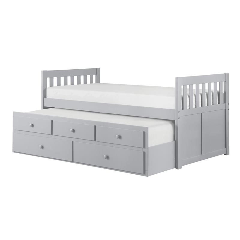 Pemberly Row Wood Twin over Twin Trundle Bed with 2-Storage Drawers in Gray