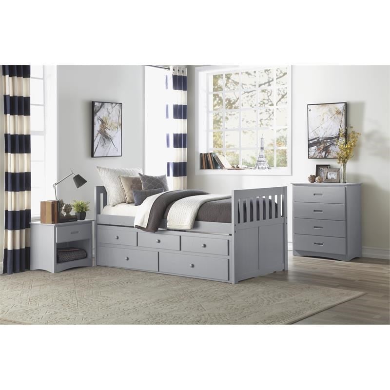 Pemberly Row Wood Twin over Twin Trundle Bed with 2-Storage Drawers in Gray