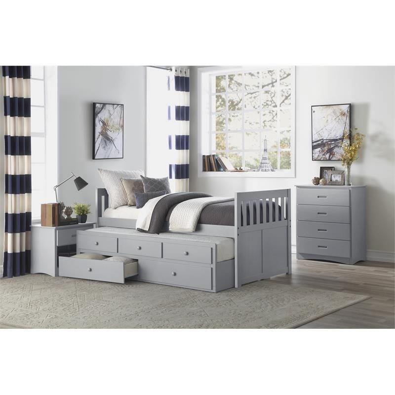 Pemberly Row Wood Twin over Twin Trundle Bed with 2-Storage Drawers in Gray