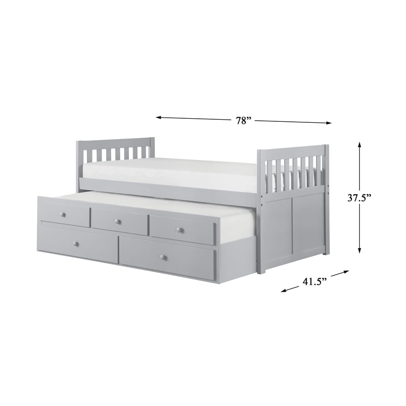 Pemberly Row Wood Twin over Twin Trundle Bed with 2-Storage Drawers in Gray