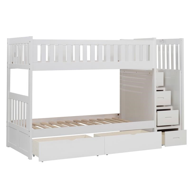 Pemberly Row Reversible Step Storage Wood Bunk Bed with Storage Boxes in White