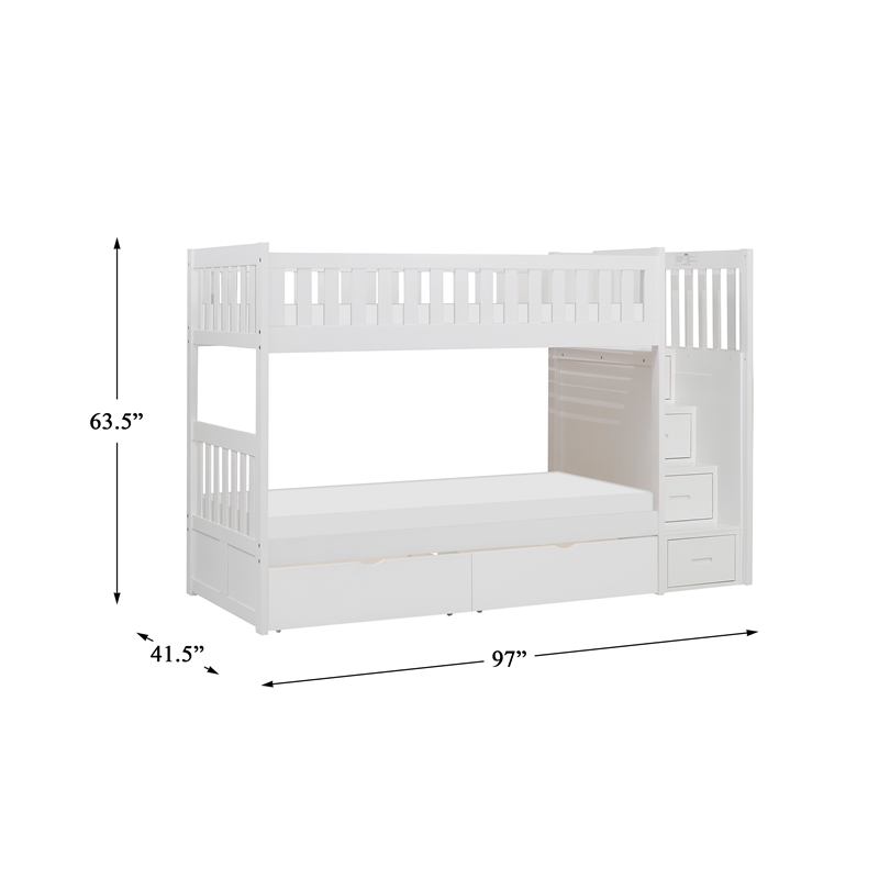Pemberly Row Reversible Step Storage Wood Bunk Bed with Storage Boxes in White