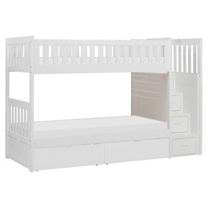 Pemberly Row Reversible Step Storage Wood Bunk Bed with Storage Boxes in White