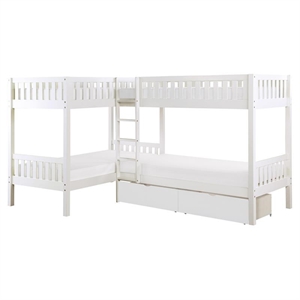 Pemberly Row Transitional Wood Corner Bunk Bed with Storage Boxes in White
