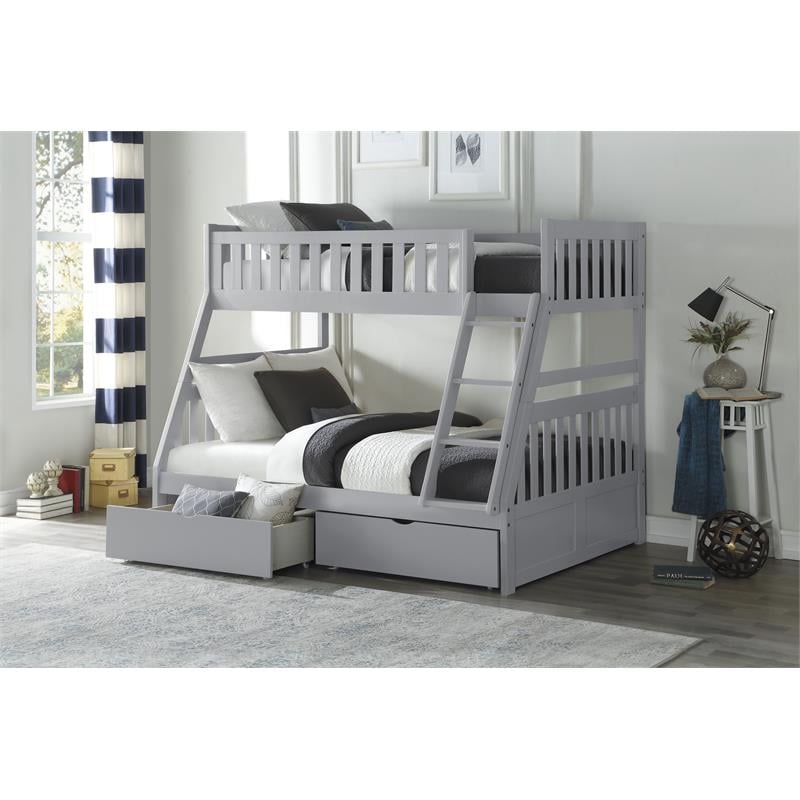Pemberly Row Transitional Wood Twin over Full Bunk Bed with Storage Box in Gray