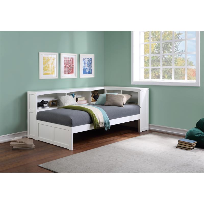 Pemberly Row 5-Shelf Transitional Wood Twin Bookcase Corner Bed in White