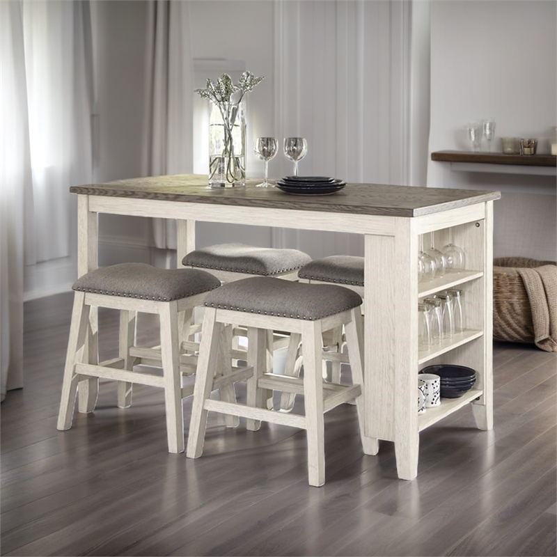 Pemberly Row 5-Piece 3-Shelf Wood Counter Height Dining Set in Antique White