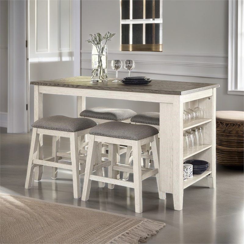Pemberly Row 5-Piece 3-Shelf Wood Counter Height Dining Set in Antique White