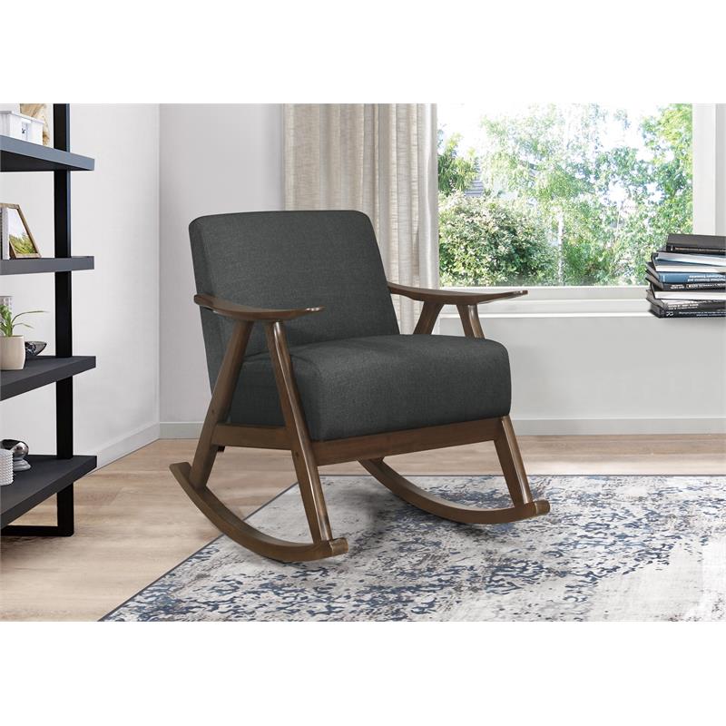 Pemberly Row Mid-Century Fabric Rocking Chair in Dark Walnut/Dark Gray