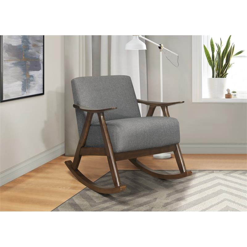 Pemberly Row Mid-Century Textured Fabric Rocking Chair in Dark Walnut/Gray