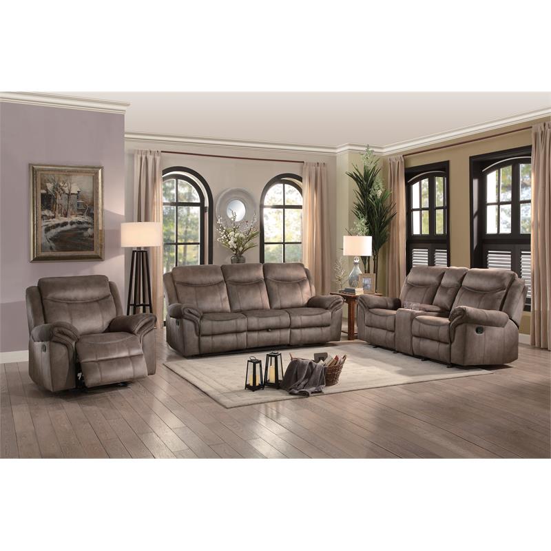 Pemberly Row Microfiber Double Reclining Sofa with Cup Holders in Brown