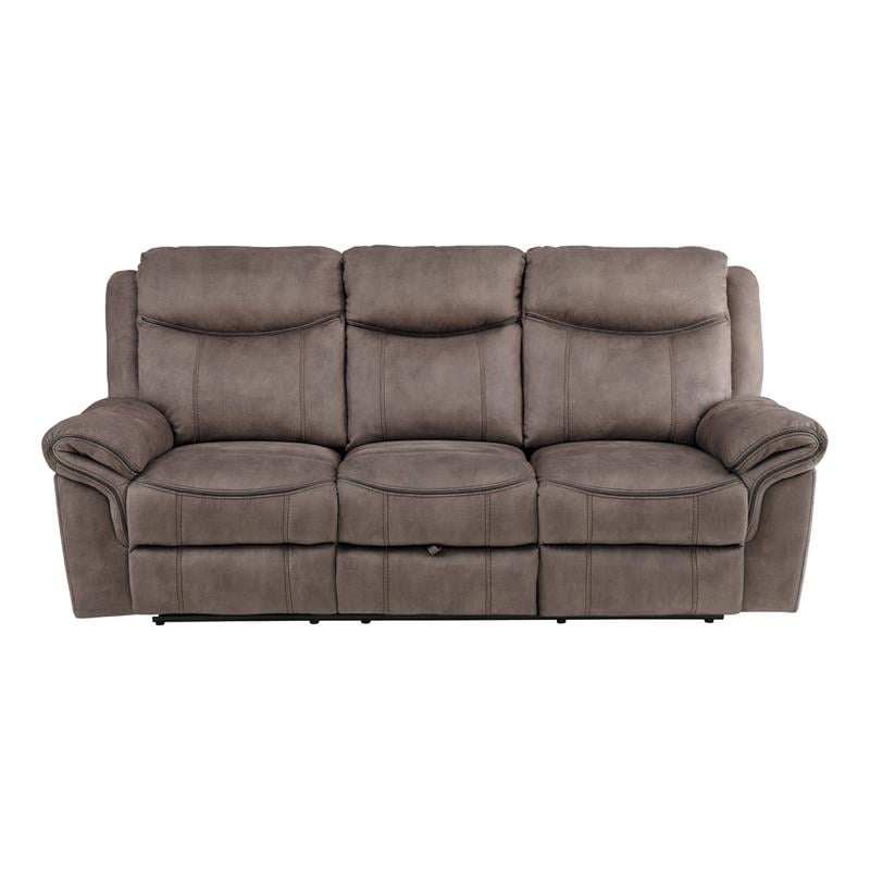 Pemberly Row Microfiber Double Reclining Sofa with Cup Holders in Brown