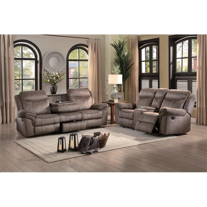 Pemberly Row Microfiber Double Reclining Sofa with Cup Holders in Brown