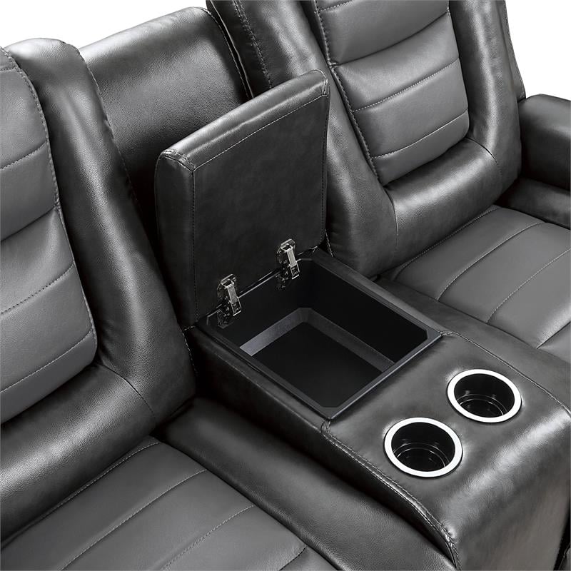 Pemberly Row Transitional Faux Leather Double Glider Reclining Loveseat in Gray