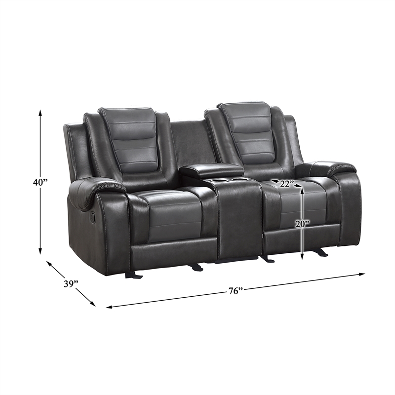 Pemberly Row Transitional Faux Leather Double Glider Reclining Loveseat in Gray